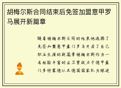 胡梅尔斯合同结束后免签加盟意甲罗马展开新篇章